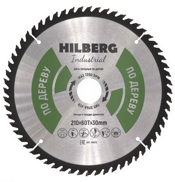 Диск пильный Hilberg Industrial Дерево 210*30*60Т HW212